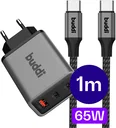 Buddi Power 65W 2x USB-C + USB-A Snellader met USB-C Kabel 1M Grijs