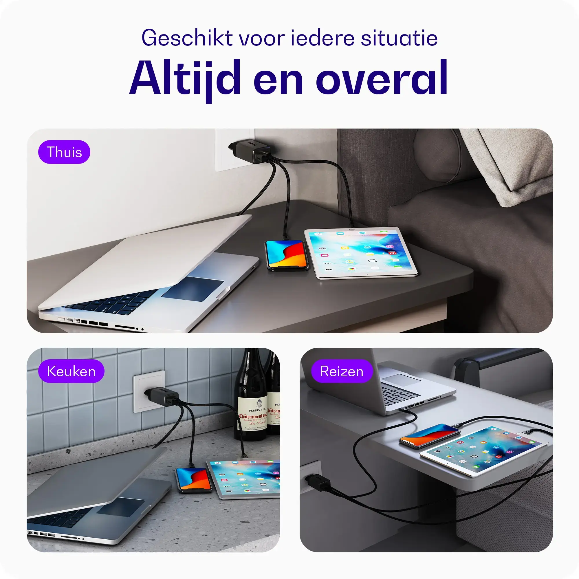 Buddi Power 65W 2x USB-C + USB-A Snellader met USB-C Kabel 1M Grijs afbeelding 3