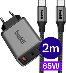 Buddi Power 65W 2x USB-C + USB-A Snellader met USB-C Kabel 2M Grijs afbeelding