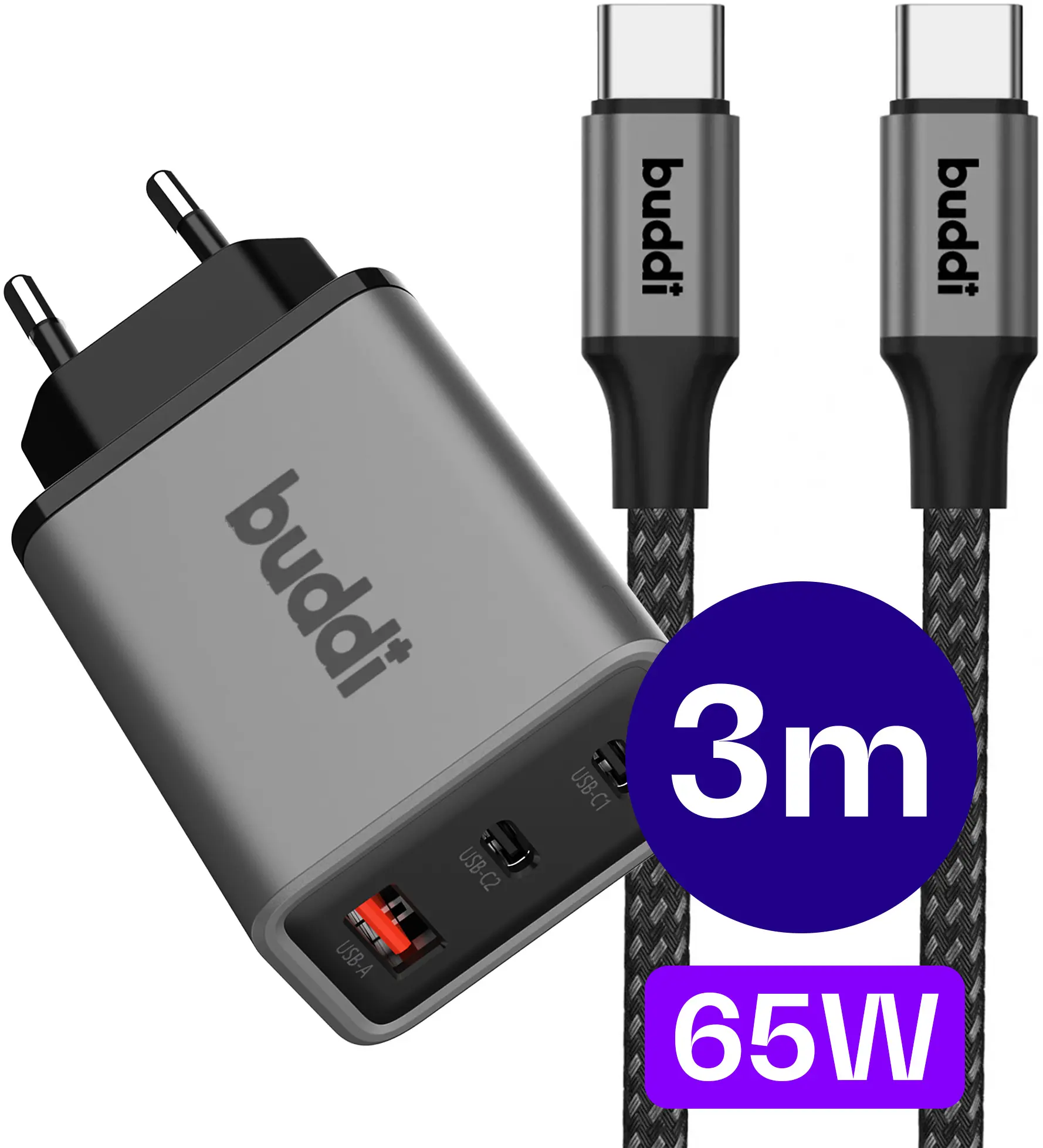 Buddi Power 65W 2x USB-C + USB-A Snellader met USB-C Kabel 3M Grijs afbeelding 1