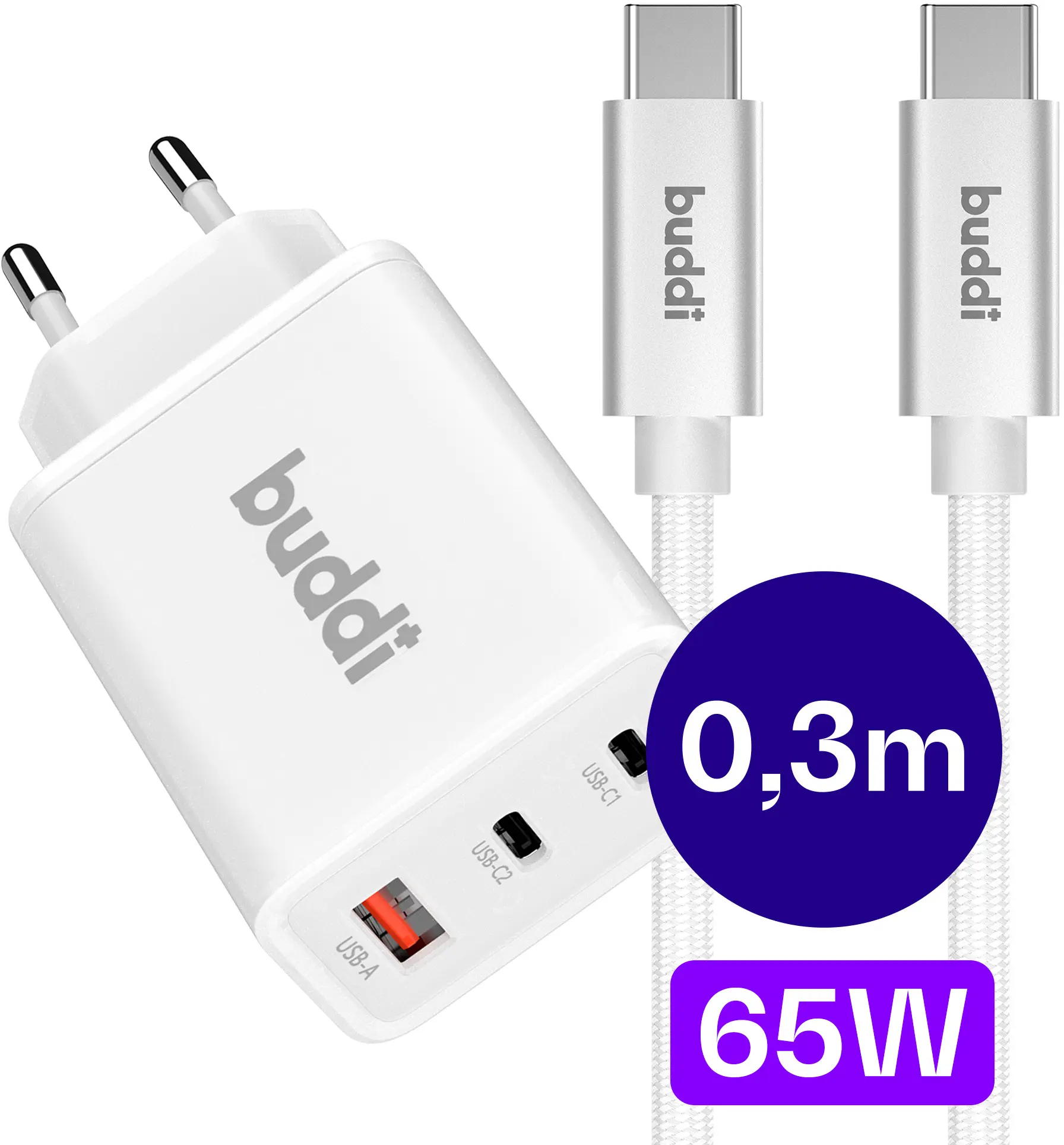 Buddi Power 65W 2x USB-C + USB-A Snellader met USB-C Kabel 0,3M Wit afbeelding 1