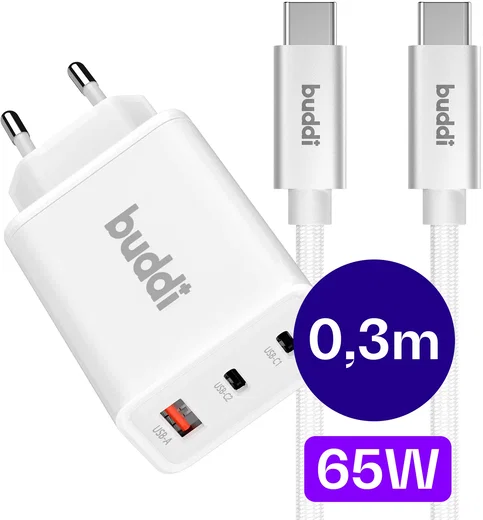 Buddi Power 65W 2x USB-C + USB-A Snellader met USB-C Kabel 0,3M Wit afbeelding 1