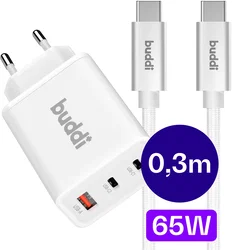 Buddi Power 65W 2x USB-C + USB-A Snellader met USB-C Kabel 0,3M Wit afbeelding