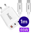 Buddi Power 65W 2x USB-C + USB-A Snellader met USB-C Kabel 1M Wit