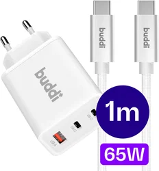 Buddi Power 65W 2x USB-C + USB-A Snellader met USB-C Kabel 1M Wit afbeelding
