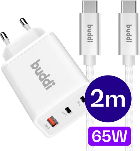 Buddi Power 65W 2x USB-C + USB-A Snellader met USB-C Kabel 2M Wit afbeelding 1