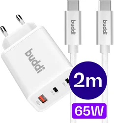 Buddi Power 65W 2x USB-C + USB-A Snellader met USB-C Kabel 2M Wit afbeelding