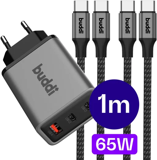Buddi Power 65W 2x USB-C + USB-A Snellader met 2 USB-C Kabels 1M Grijs afbeelding 1
