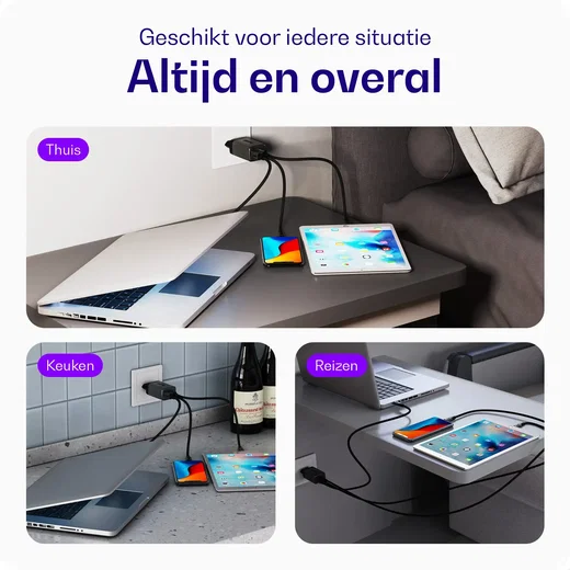 Buddi Power 65W 2x USB-C + USB-A Snellader met 2 USB-C Kabels 1M Grijs afbeelding 3