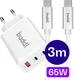 Buddi Power 65W 2x USB-C + USB-A Snellader met USB-C Kabel 3M Wit