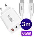 Buddi Power 65W 2x USB-C + USB-A Snellader met USB-C Kabel 3M Wit