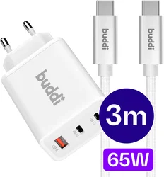Buddi Power 65W 2x USB-C + USB-A Snellader met USB-C Kabel 3M Wit afbeelding