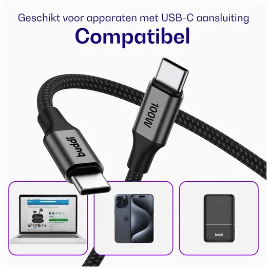 Buddi Power 65W 2x USB-C + USB-A Snellader met 2 USB-C Kabels 2M Grijs afbeelding 7