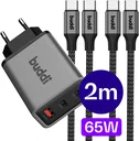 Buddi Power 65W 2x USB-C + USB-A Snellader met 2 USB-C Kabels 2M Grijs