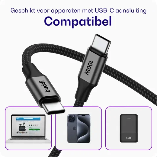 Buddi Power 65W 2x USB-C + USB-A Snellader met 2 USB-C Kabels 3M Grijs afbeelding 7