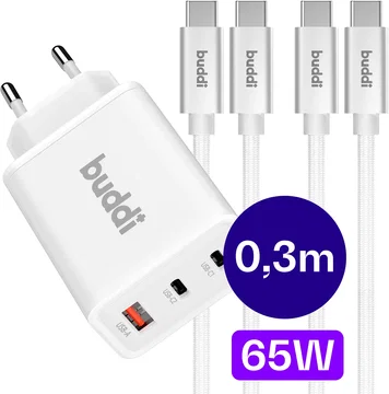 Buddi Power 65W 2x USB-C + USB-A Snellader met 2 USB-C Kabels 0,3M Wit