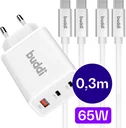 Buddi Power 65W 2x USB-C + USB-A Snellader met 2 USB-C Kabels 0,3M Wit