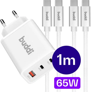 Buddi Power 65W 2x USB-C + USB-A Snellader met 2 USB-C Kabels 1M Wit