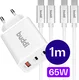 Buddi Power 65W 2x USB-C + USB-A Snellader met 2 USB-C Kabels 1M Wit