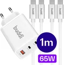 Buddi Power 65W 2x USB-C + USB-A Snellader met 2 USB-C Kabels 1M Wit