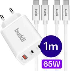 Buddi Power 65W 2x USB-C + USB-A Snellader met 2 USB-C Kabels 1M Wit afbeelding