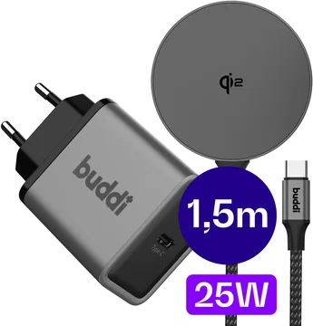 Buddi Power Qi2 / MagSafe Oplader 15W met 25W USB-C Adapter 1,5M Grijs