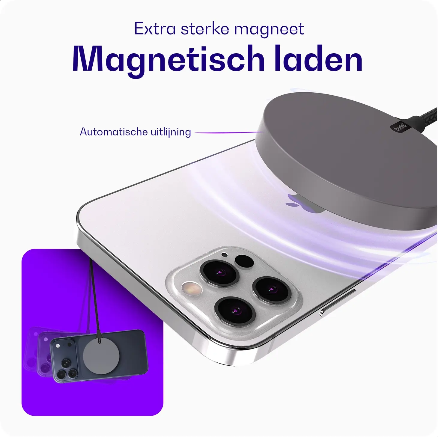 Buddi Power Qi2 / MagSafe Oplader 15W met 25W USB-C Adapter 1,5M Grijs afbeelding 11