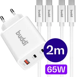 Buddi Power 65W 2x USB-C + USB-A Snellader met 2 USB-C Kabels 2M Wit afbeelding