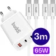 Buddi Power 65W 2x USB-C + USB-A Snellader met 2 USB-C Kabels 3M Wit afbeelding 1