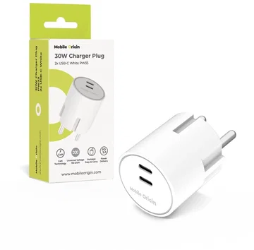 Mobile Origin 30W Dual USB-C Oplader met GaN Technologie & Power Delivery Wit