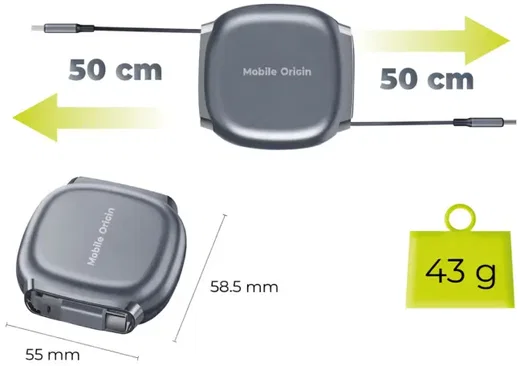 Mobile Origin CB7 100W Intrekbare USB-C naar USB-C Kabelbox Grijs afbeelding 6
