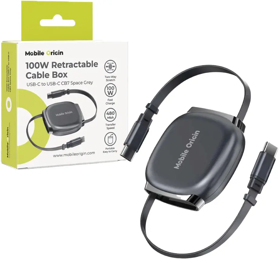 Mobile Origin CB7 100W Intrekbare USB-C naar USB-C Kabelbox Grijs afbeelding 1