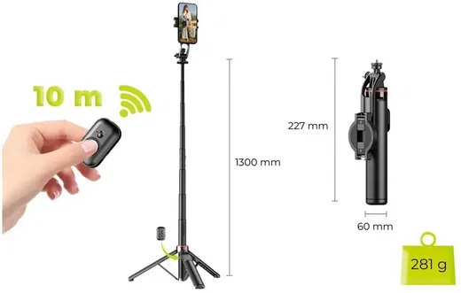 Mobile Origin S1 2-in1 MagSafe Tripod Selfie Stick Zwart afbeelding 3