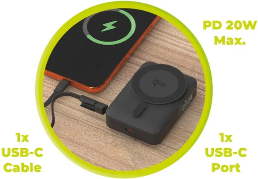 Mobile Origin 10000 mAh MagSafe / Qi2 Powerbank Ingebouwde USB-C Kabel 20W Zwart afbeelding 4