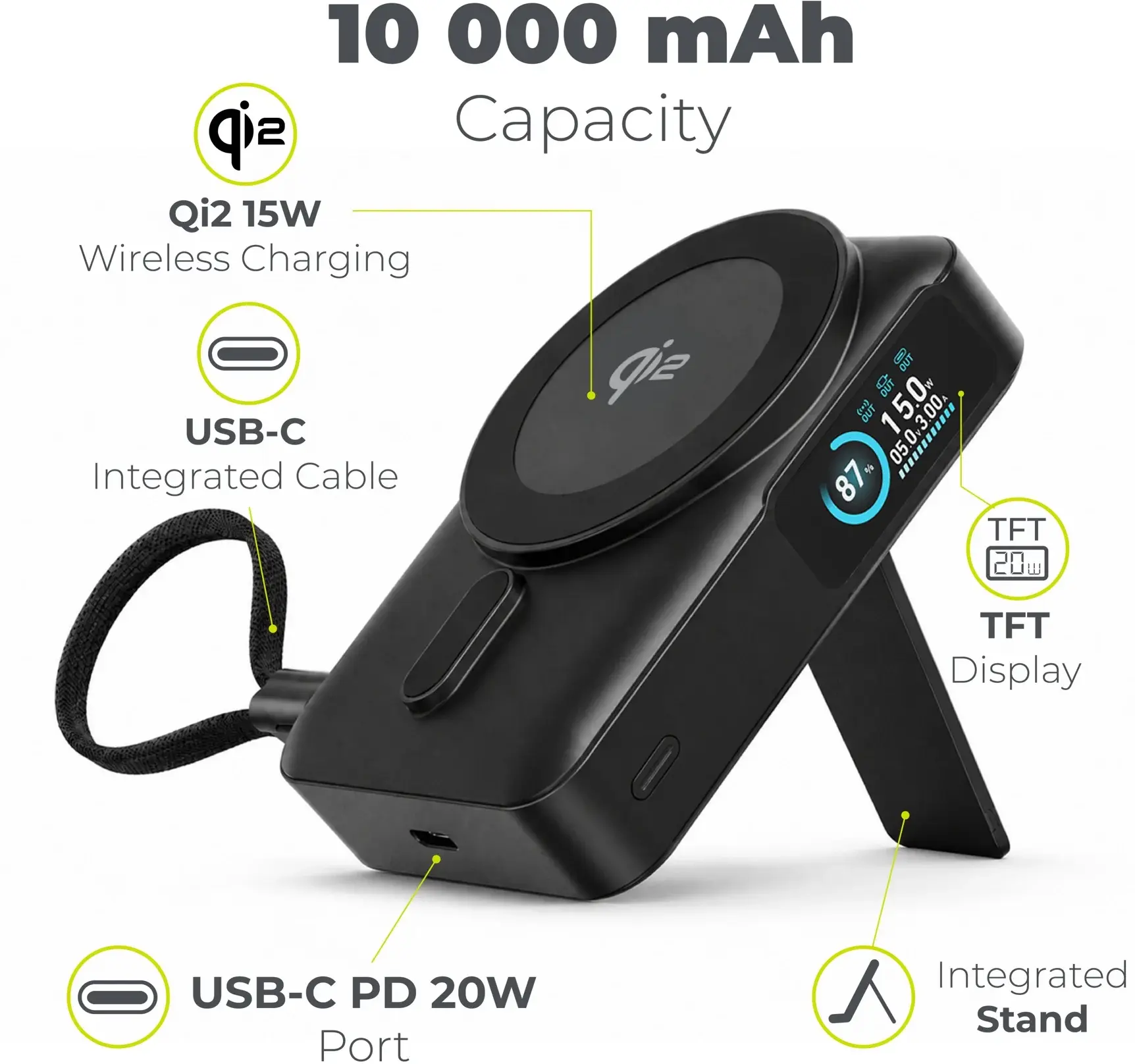 Mobile Origin 10000 mAh MagSafe / Qi2 Powerbank Ingebouwde USB-C Kabel 20W Zwart afbeelding 2