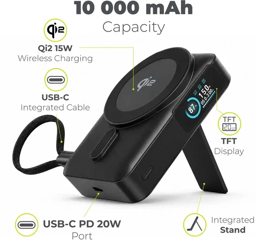 Mobile Origin 10000 mAh MagSafe / Qi2 Powerbank Ingebouwde USB-C Kabel 20W Zwart afbeelding 2