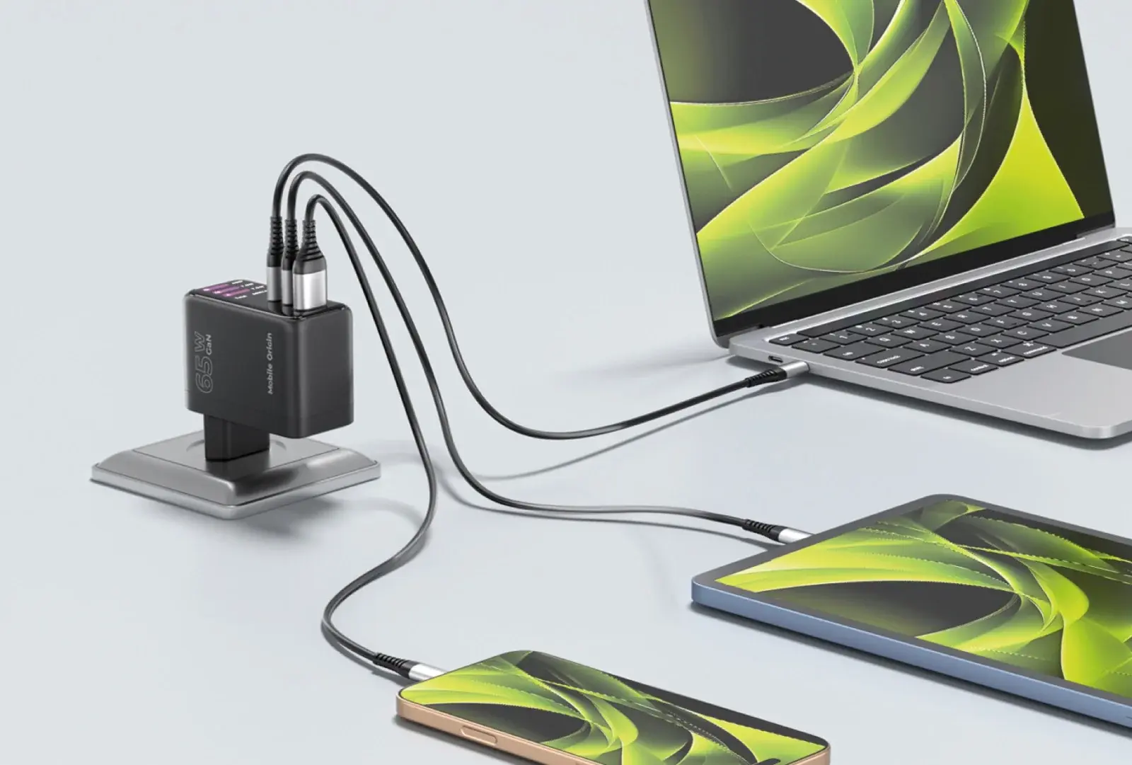 Mobile Origin GaN Snellader 65W met Display 1x USB-A / 2x USB-C PD Zwart afbeelding 10