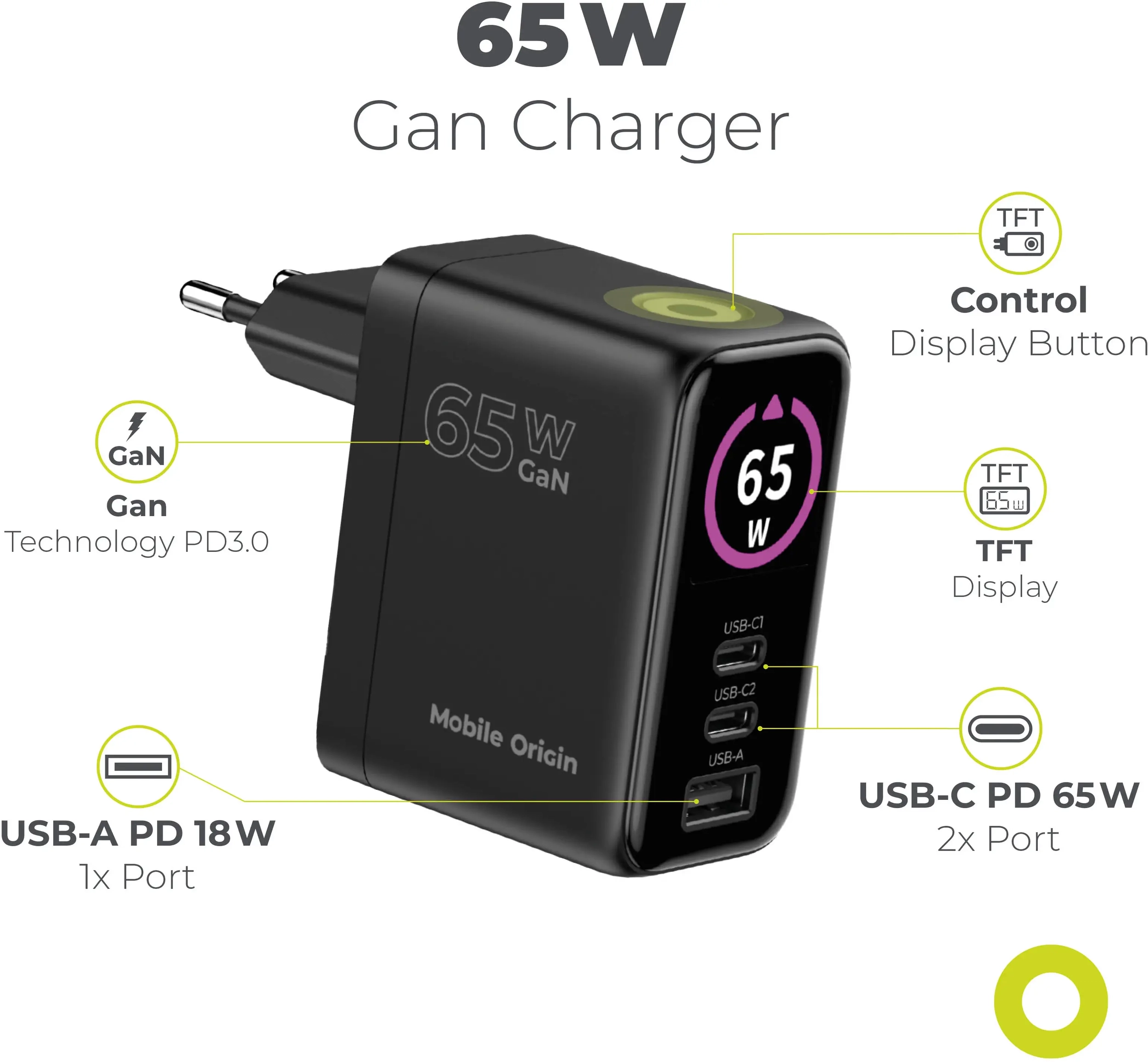 Mobile Origin GaN Snellader 65W met Display 1x USB-A / 2x USB-C PD Zwart afbeelding 2