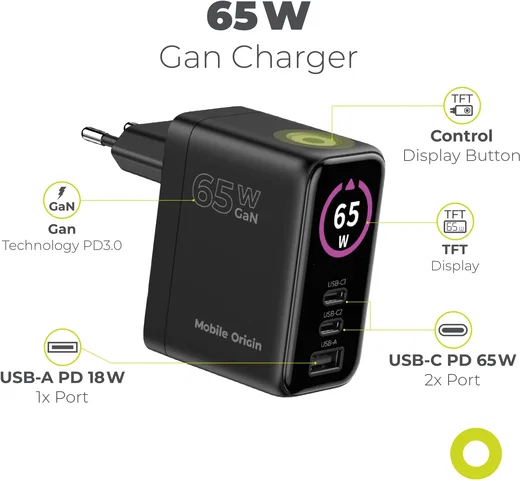 Mobile Origin GaN Snellader 65W met Display 1x USB-A / 2x USB-C PD Zwart afbeelding 2