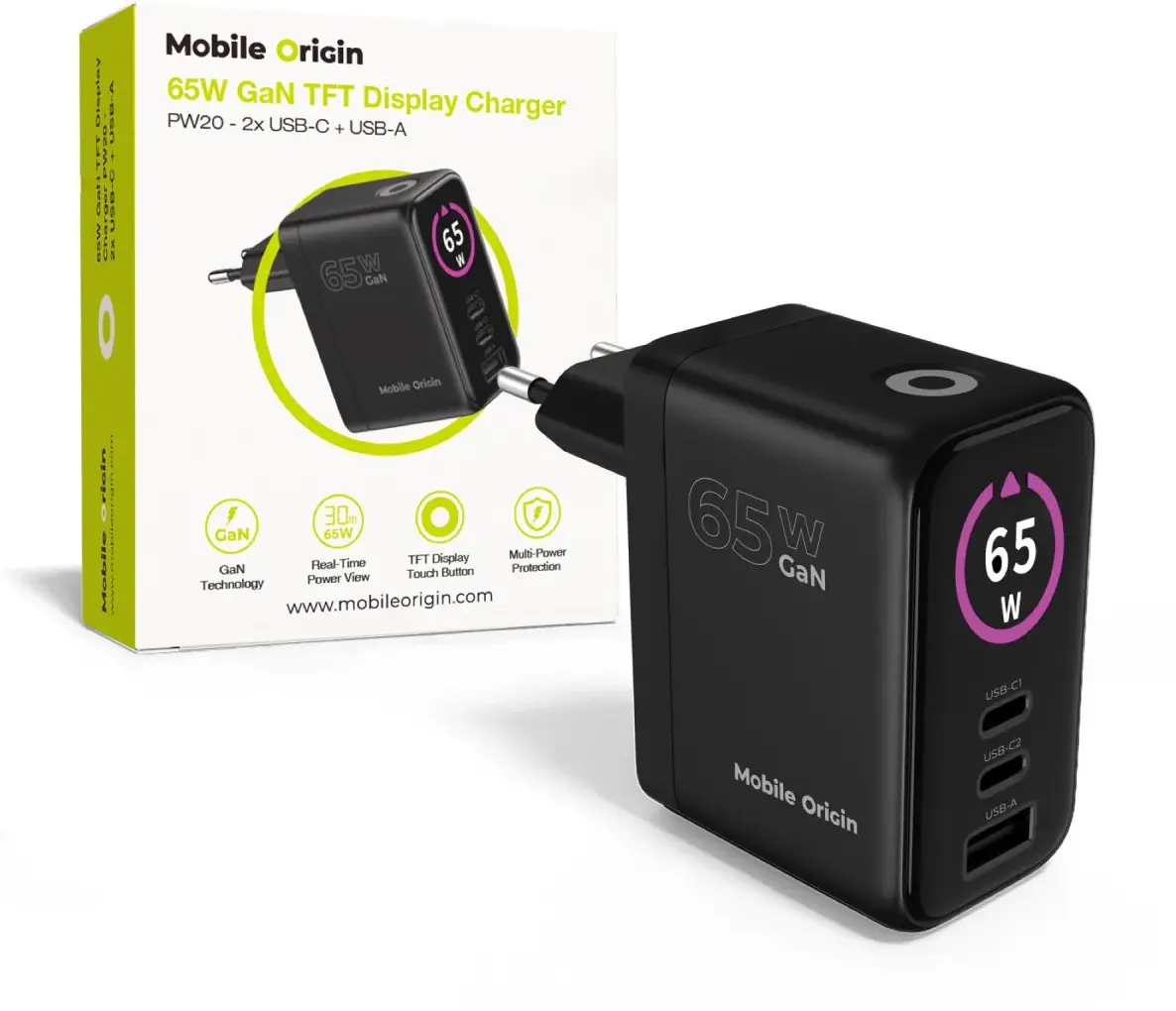 Mobile Origin GaN Snellader 65W met Display 1x USB-A / 2x USB-C PD Zwart afbeelding 1