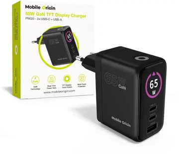 Mobile Origin GaN Snellader 65W met Display 1x USB-A / 2x USB-C PD Zwart