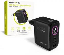 Mobile Origin GaN Snellader 65W met Display 1x USB-A / 2x USB-C PD Zwart afbeelding