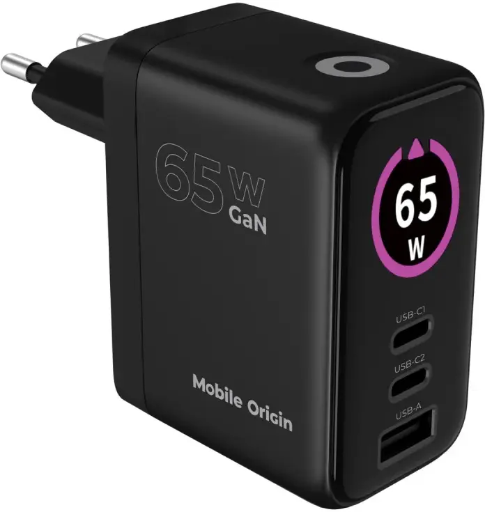 Mobile Origin GaN Snellader 65W met Display 1x USB-A / 2x USB-C PD Zwart afbeelding 19