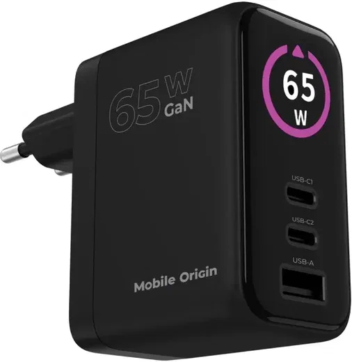 Mobile Origin GaN Snellader 65W met Display 1x USB-A / 2x USB-C PD Zwart afbeelding 15