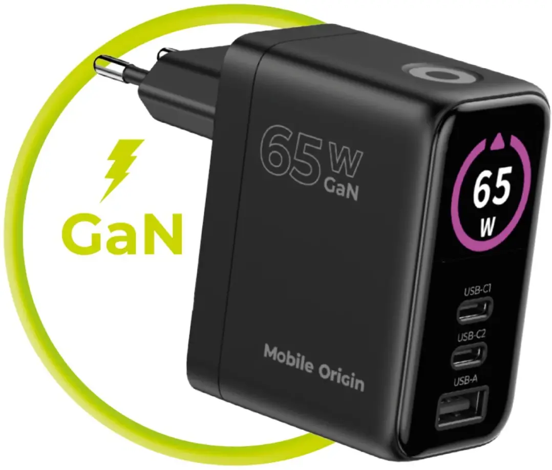 Mobile Origin GaN Snellader 65W met Display 1x USB-A / 2x USB-C PD Zwart afbeelding 6