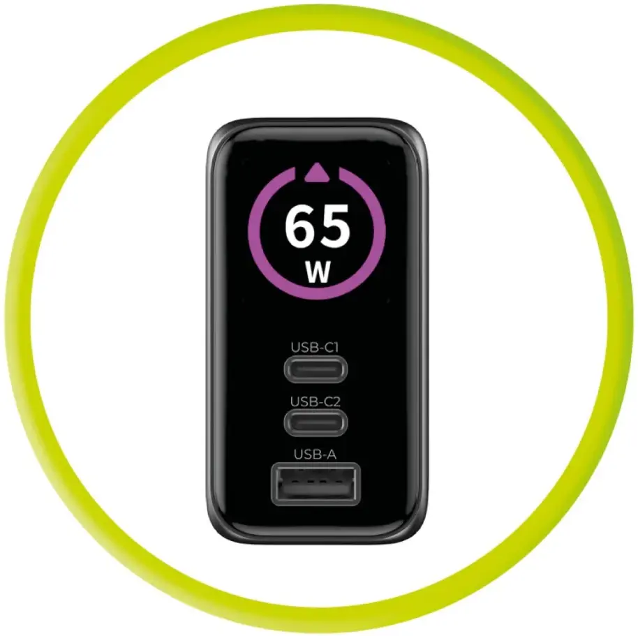 Mobile Origin GaN Snellader 65W met Display 1x USB-A / 2x USB-C PD Zwart afbeelding 12