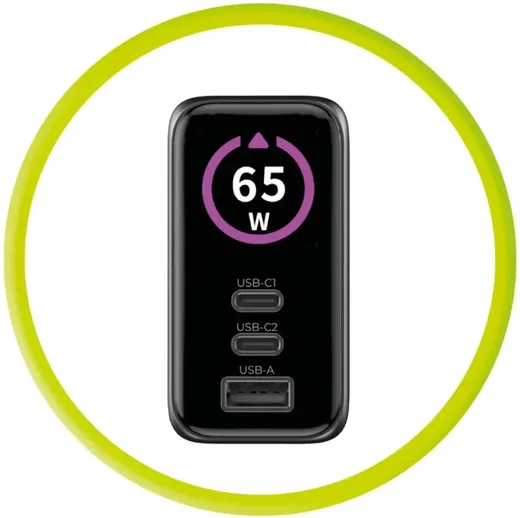 Mobile Origin GaN Snellader 65W met Display 1x USB-A / 2x USB-C PD Zwart afbeelding 12