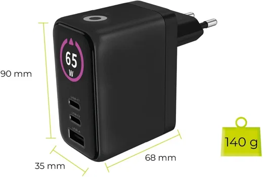 Mobile Origin GaN Snellader 65W met Display 1x USB-A / 2x USB-C PD Zwart afbeelding 8