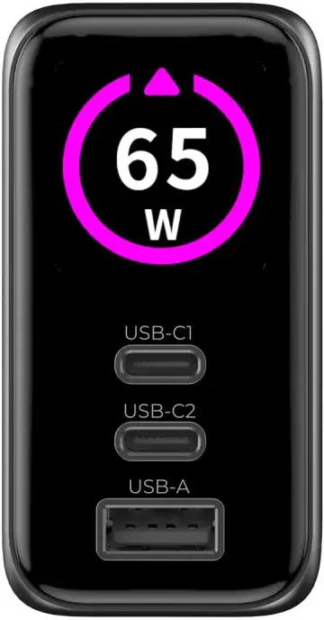 Mobile Origin GaN Snellader 65W met Display 1x USB-A / 2x USB-C PD Zwart afbeelding 16