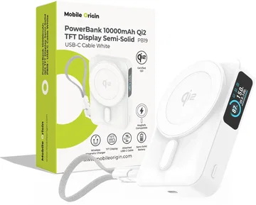 Mobile Origin 10000 mAh MagSafe / Qi2 Powerbank Ingebouwde USB-C Kabel 20W Wit